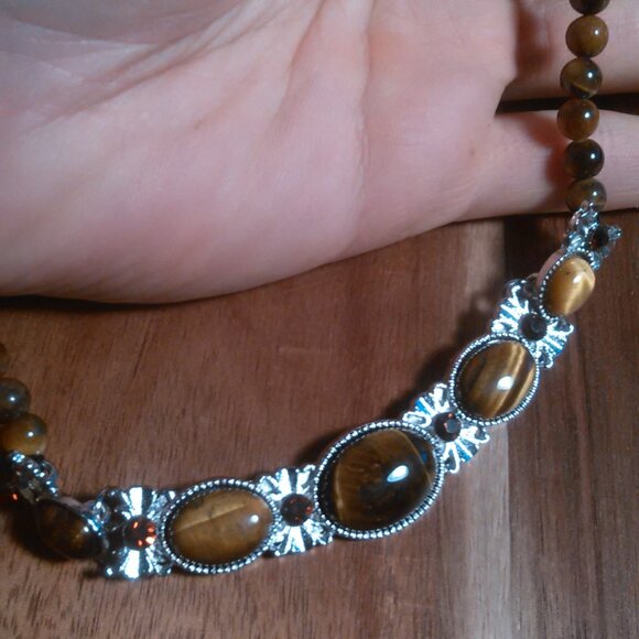 Tiger's eye and Brown Glass Beaded Necklace - Picture 6 of 8
